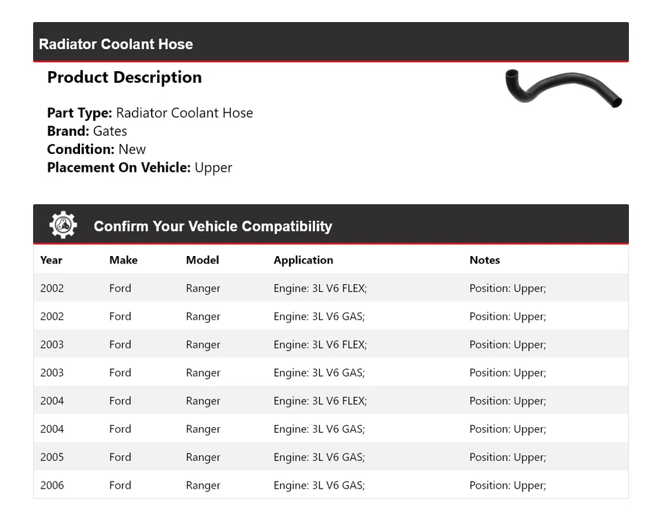 Manguera de refrigerante de radiador para Ford Ranger 2002-2006 puertas superiores 2003 2004 2005 Foto 2 de 4
