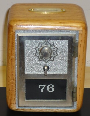 Vintage Red Oak Post Office Box Door Bank - Grecian- Nickel Plated