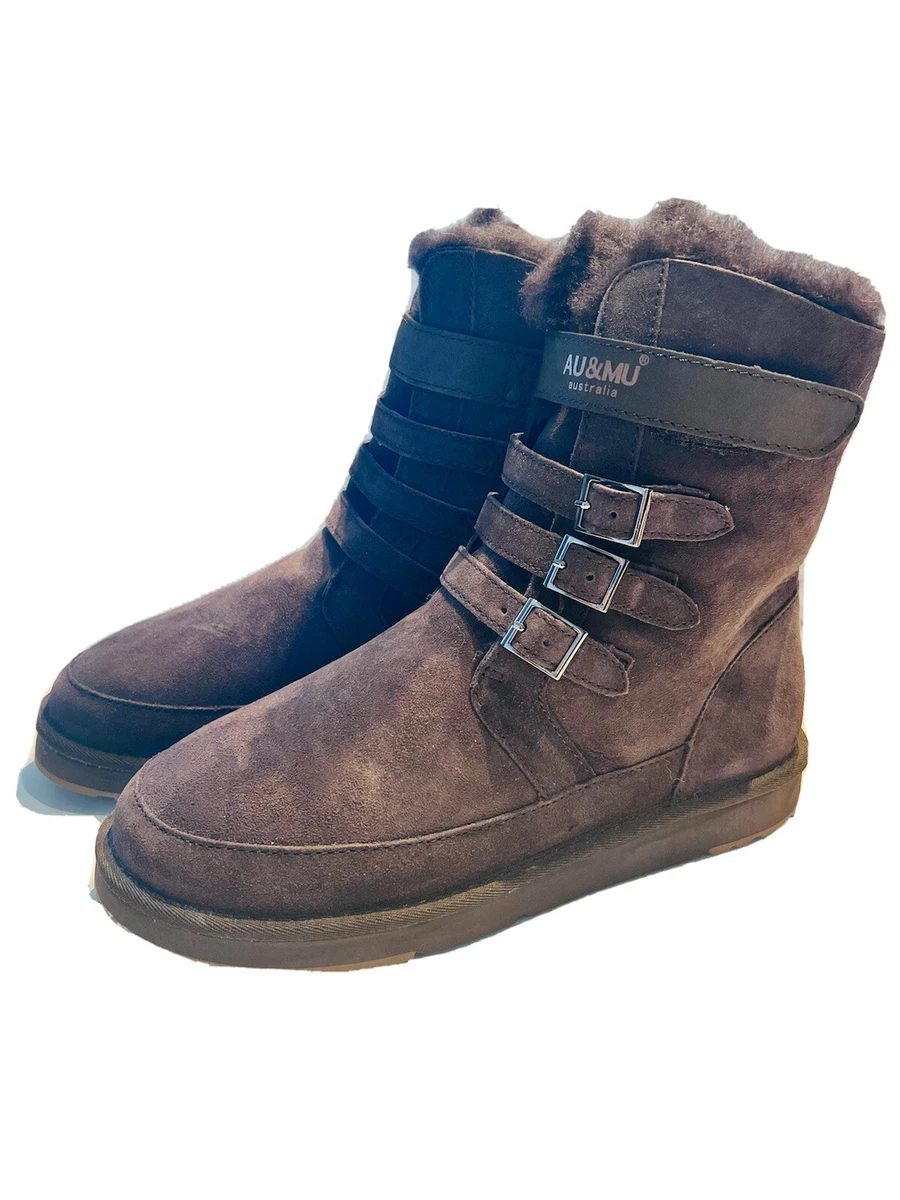 AU MU Australia Brown Suede Shearling Women s Strappy Boots