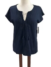 Chelsea & Theodore Womens Top Organic Cotton Boxy Embroidered Tassel Navy Blue S