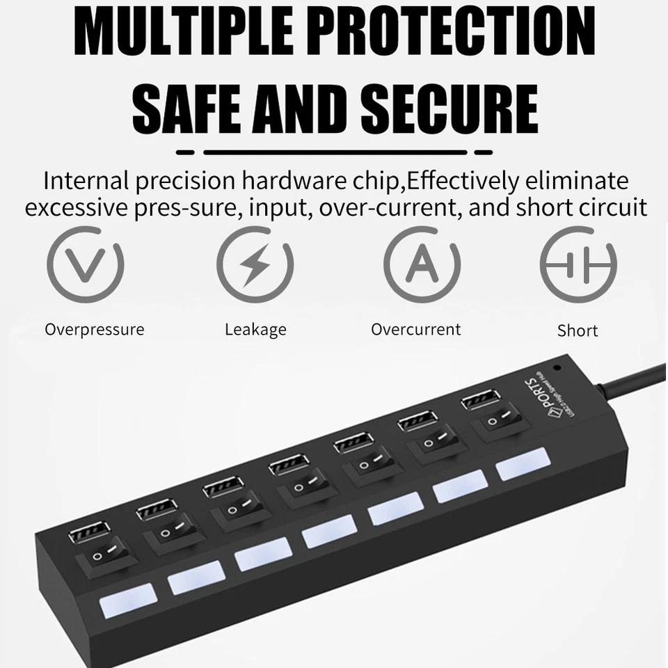 US 7 Port USB 2.0 Hub LED Powered High Speed Splitter Extender Multi Adapter - Image 2 of 4