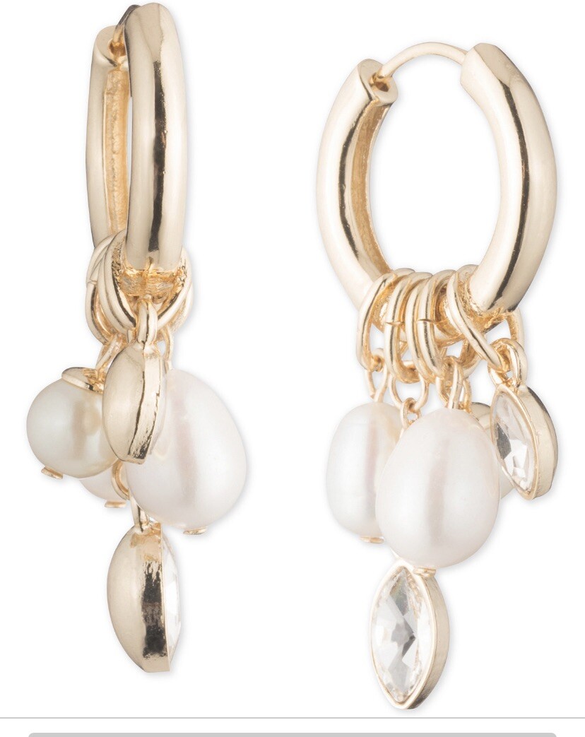 $34 Carolee Goldtone Crystal Faux Pearl Charm 1 1/4” Hoop Earrings X295