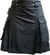 Men's 100 Cow Leather Pleated Kilt LARP with Two Side Cargo Pockets All Sizes