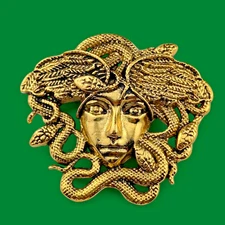 GOLD TONE MEDUSA BROOCH PENDANT Greek Mythology Pin Gorgon Snakes Serpent E6