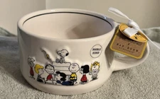 NWT Rae Dunn Peanuts Snoopy & Gang Double Sided Soup Cereal Mug "Happiness Is.."