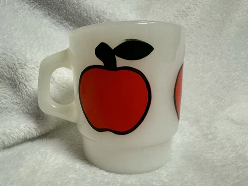 Vintage Anchor Hocking Fire King Apple Mug Milk Glass Glassware USA 3.5" x 3"