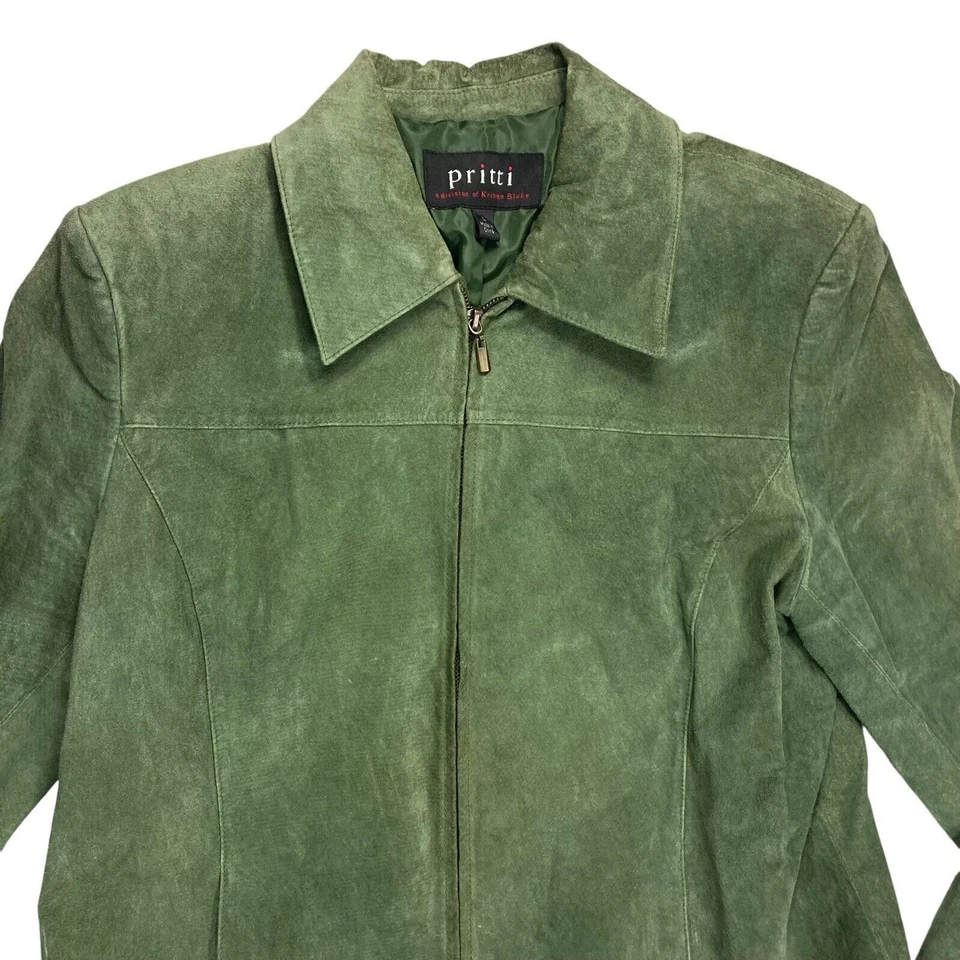 Chaqueta Pritti Kristen Blake Mujer Grande Verde Salvia Gamuza Cuero Cremallera Completa Abrigo Foto 2 de 4