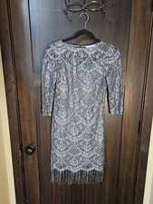 EUC Jackie Jon New York Women's Silver Lace Floral Fringe Party Dress Size 4