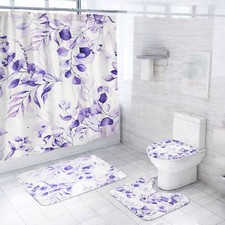 4 Pc Shower Curtain Set w Non-slip Bath Mat, Toilet Seat Cover, Mat  Rings