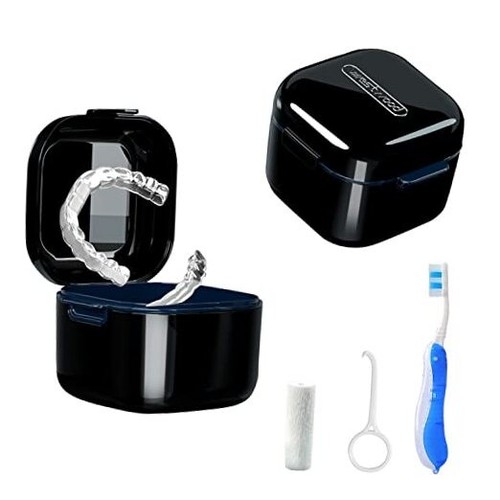 Denture Bath Box Cup,Portable Denture Case with Strainer Black bath cup