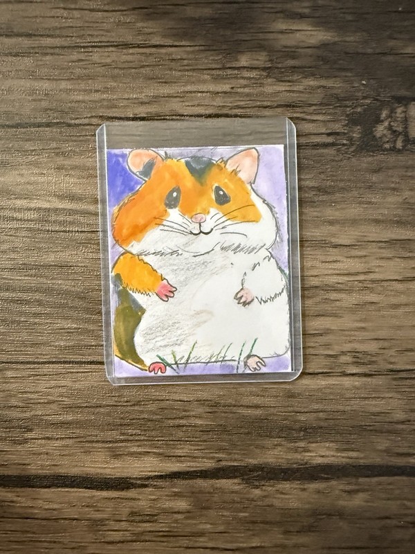 Hamster Pom Poms #4 Purple ACEO Original Tiny Art Acrylic One Of A Kind