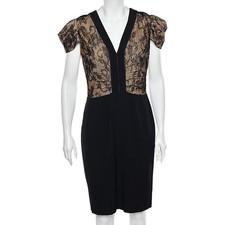 RED Valentino Black Lace Crepe Paneled Midi Dress L