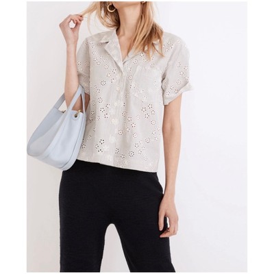 Madewell Women's Sz S White Stripe Eyelet Lace Shirt Button Front Piedmont Camp