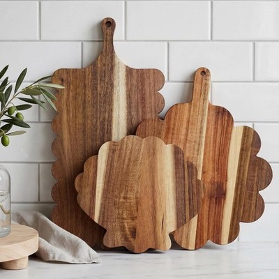 3 Pcs Acacia Wood Scalloped Cutting Boards with Handle Set, Decorative Cutting