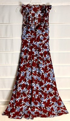 Zara Basic Red & Blue Print V Neck Button Front Rayon Sleeveless Dress XS EC!