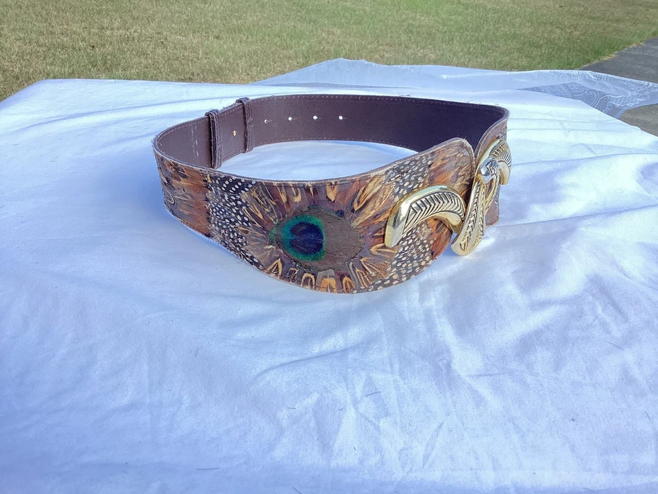 Vintage Art Genuine Leather Peacock Feather Adjustable Belt 34.5” - Image 4 of 4