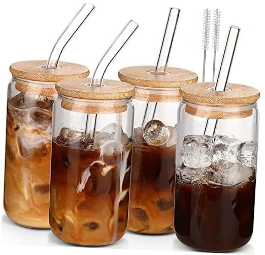 16oz Glass Cups with Lids and Straws Set of 4 Clear Drinking Glasses