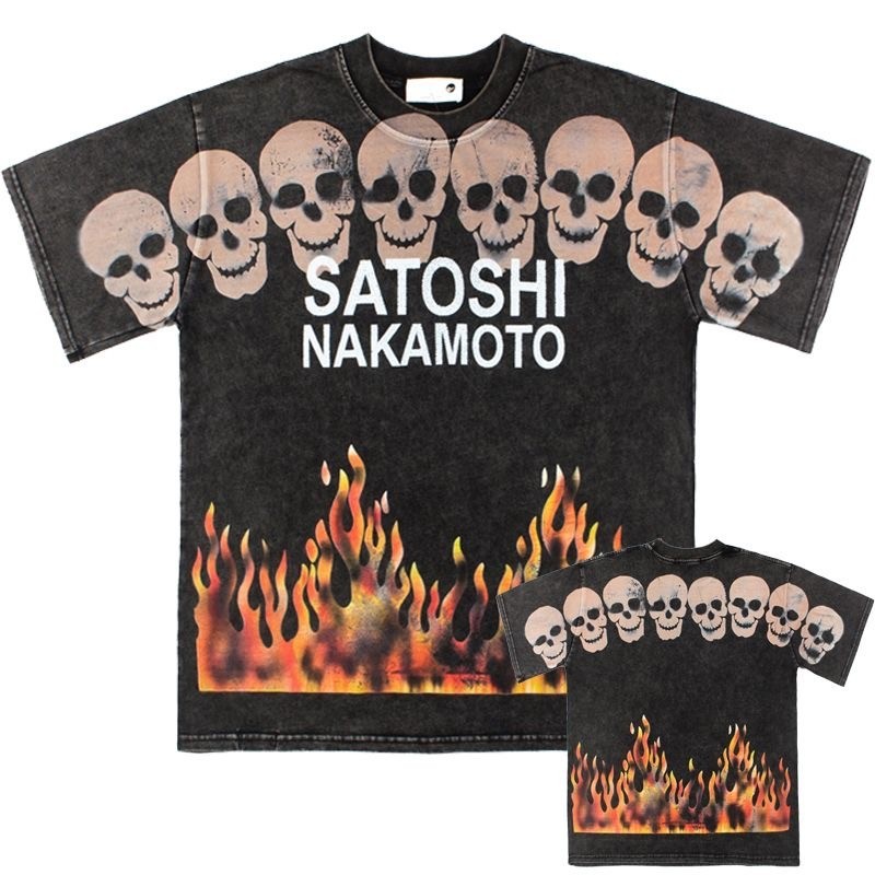 Satoshi Nakamoto Skull Flame Washed T-Shirt Authentic Official