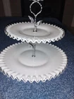 Fenton Vintage White Milk Glass 2-Tier Serving Tidbit Tray with Silver Crest