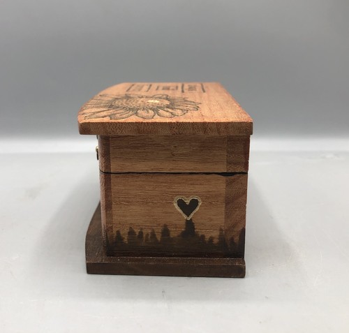 Always and Forever Burnt Wood Trinket Box Hinged Lid Sunflower Carved Heart - Picture 3 of 10