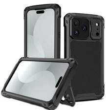 For iPhone 17 16 15 14 Pro Max Aluminum Metal Rugged Stand Cover+Tempered Glass