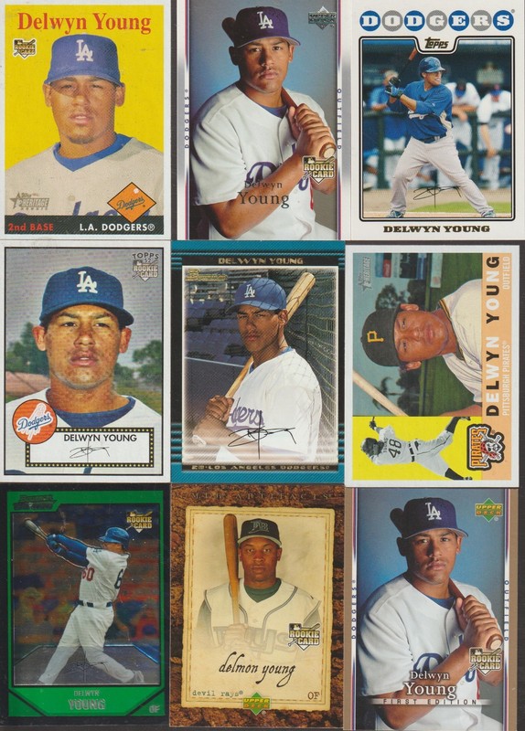 DELWYN YOUNG LOT OF 18 ALL DIFFERENT BASEBALL CARDS DODGERS PIRATES