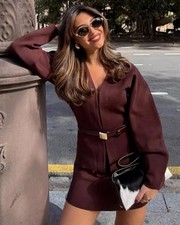 Zara Fitted Waist Plain Knit V-Neck Cardigan & Mini Skirt Maroon  Size L Co Ord