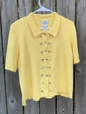 VTG  Susan Bristol Women Sz L Knit Short Sleeve Button Up Top  Hand Embroidered 