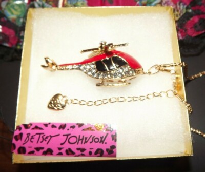 Betsey Johnson Red Gold Helicopter Necklace Enamel Crystal Gift Box Bag NWT