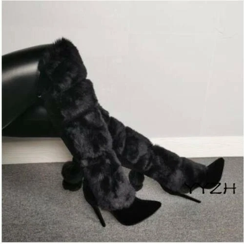 Womens Fur Decor Stilettos Pointed Over The Knee Thigh Boots Zipper Warm Outwear - Image 2 of 4