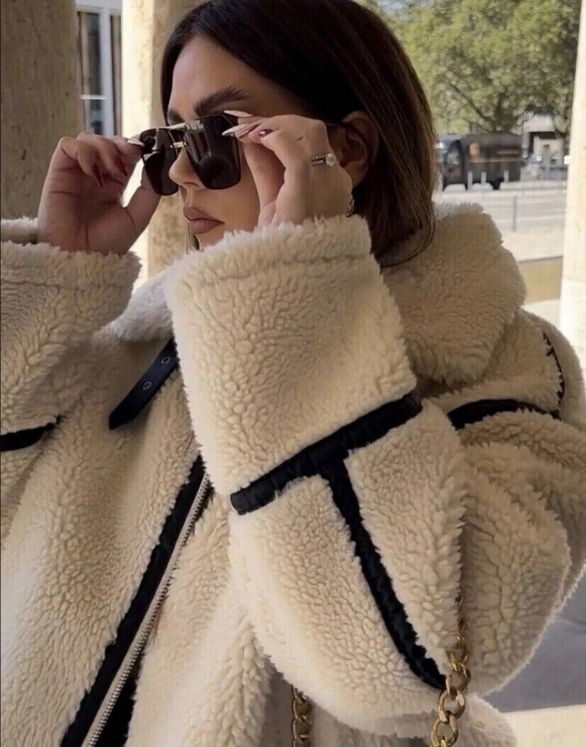 AUTHENTIC ZARA ECRU FAUX FUR BIKER JACKET SHEARLING AVIATOR OVER
