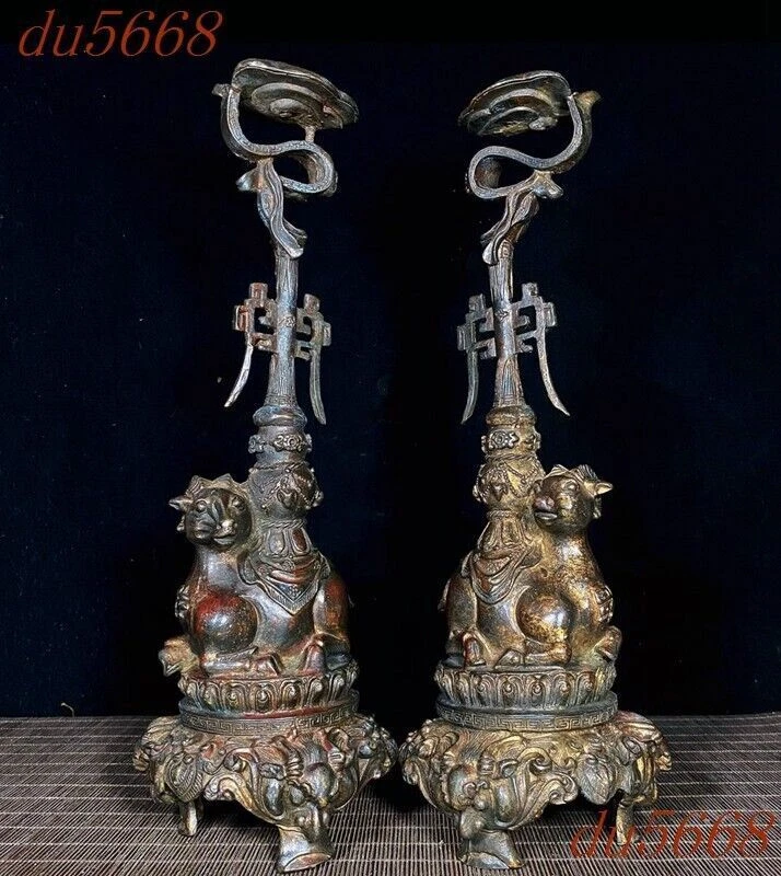 13.8" China Bronce Dorado Riqueza Animal Oveja Candelabro Candelabro Estatua Par Foto 2 de 4
