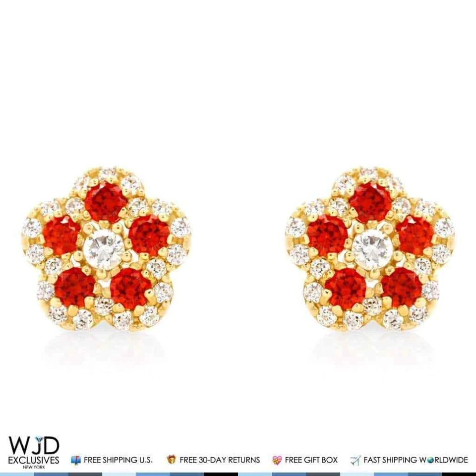 14K Gold 0.50Ct CZ & Birthstones Flower Cluster Stud Earrings 8mm - Image 4 of 4