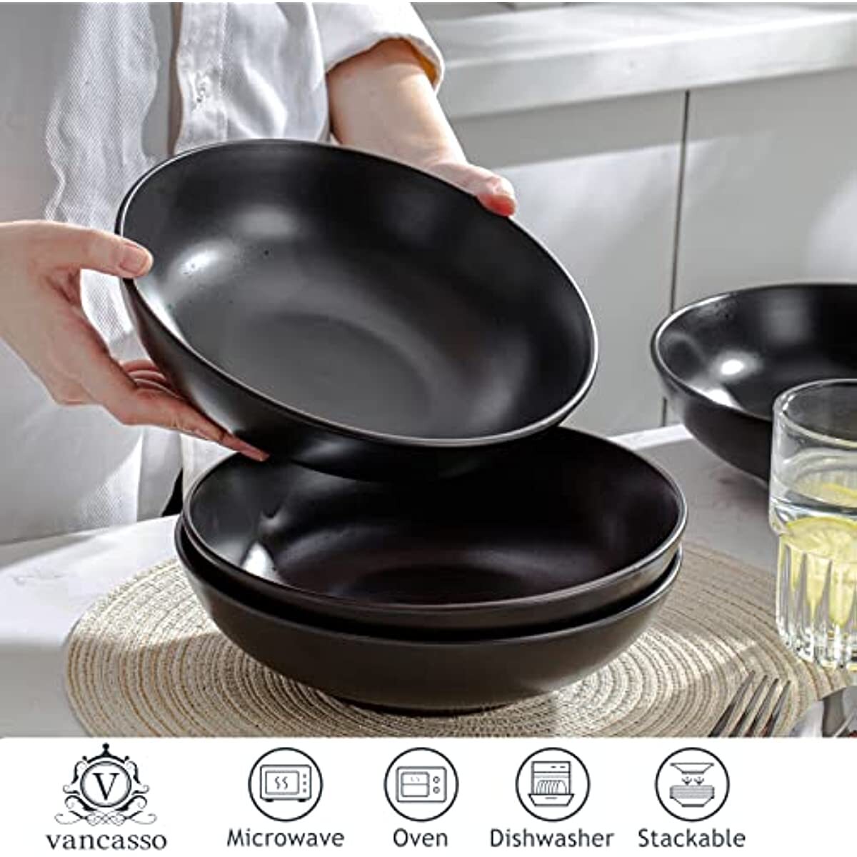 vancasso MODA Black Pasta Bowl Set of 4 Stoneware Salad Bowl Soup Bowl 47 OZ eBay