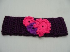 Purple with Floral Accents - Hand Knitted - XL Size Headband 