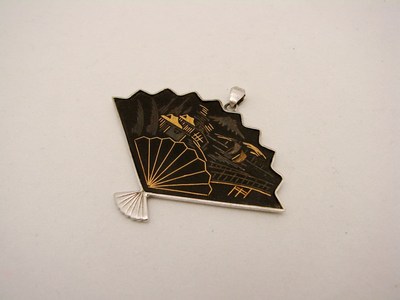 Unikat 925 Sterling Fächer Anhänger Gold Inlay
