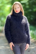 Black fuzzy light mohair sweater SuperTanya handmade luxurious pullover S-M