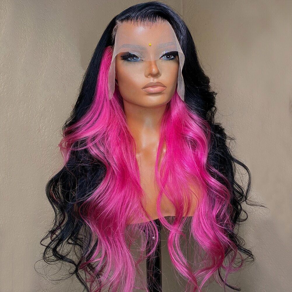Part Black Highligh Pink Lace Frontal Wig Body Wave Wigs  display picture 1