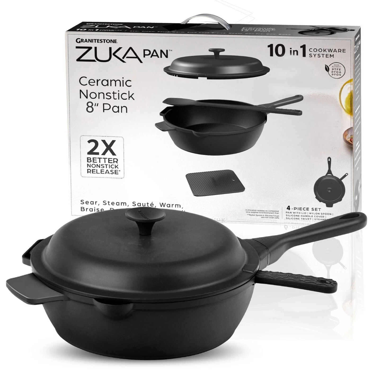 Granitestone Zuka Everyday 8in Multifunctional Pan With Lid and Nylon Spoon