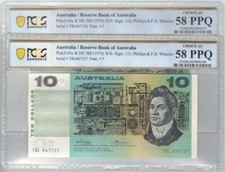 Consecutive Pair 1974 Phillips Wheeler $10 Banknotes PCGS Choice AU 58 PPQ #6179
