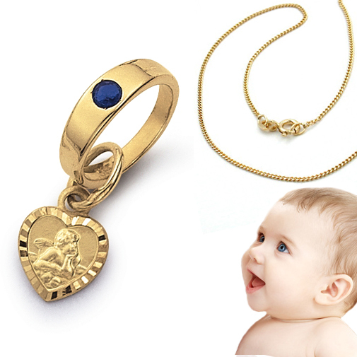 Jungen Safir Engel Taufring Herz Echt Gold 585 Mit Kette Silber 925 Vergoldet-image