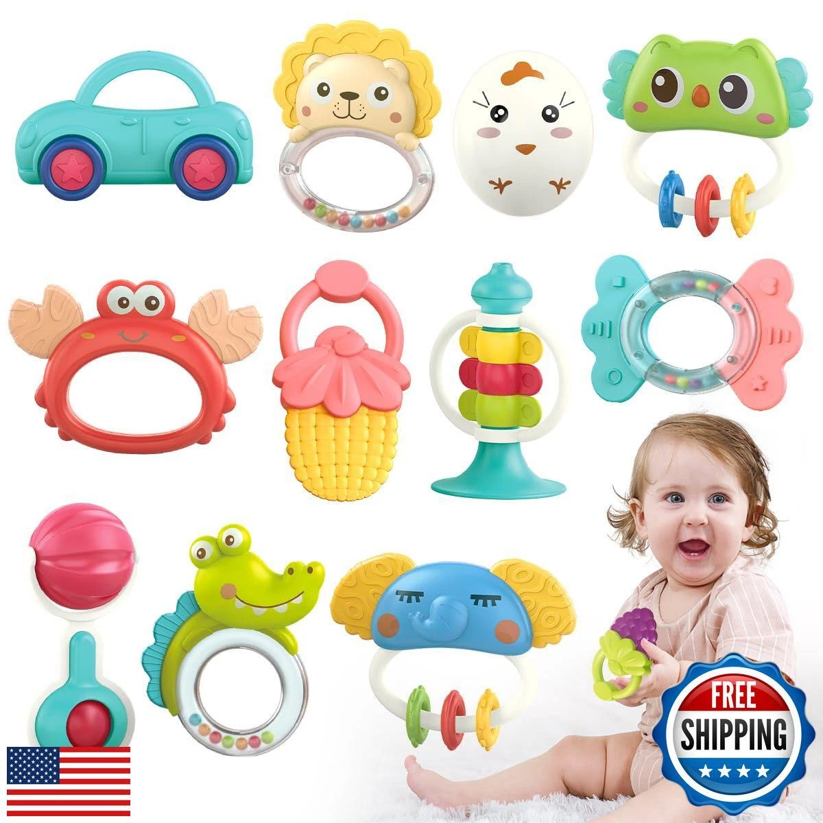 Qizebaby Baby Toys 6 to 12 Months, 12PCS Rattle Baby Teething Toys, Shaker Gr