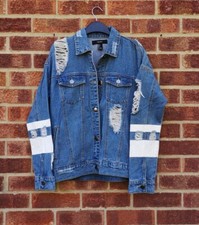 Forever 21 Blue Denim Jacket Ripped Distressed White Striped Coat S