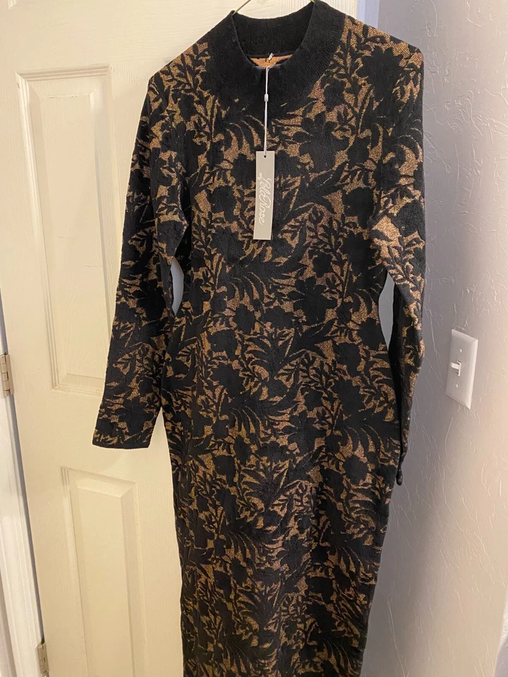 $1390 Nuevo Vestido Lela Rosa Floral Jacquard Tejido Cuello Simulado MIDI Negro Manga Larga L Foto 2 de 2