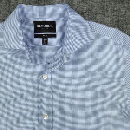 BONOBOS Dress Shirt Mens 15.5/34 Blue Houndstooth Daily Grind Wrinkle-Free Slim - Picture 4 of 13