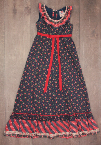 Vintage Damen 60er Marine & Rot Blumen Band Trim Rüschen Maxi Kleid Gr. XS/S 1960s - Bild 3 von 13
