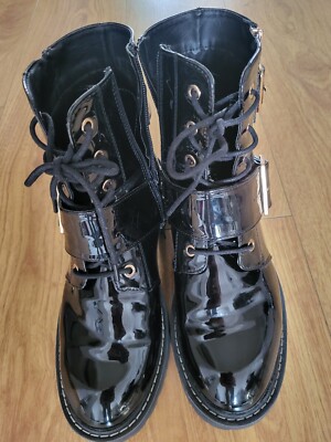 Black Patent Leather Ankle Boots Buckles Zip Lice up size UK