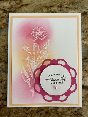 Card Set Of 4 Stampin Up Polished Pink Heat Embossed Flower Celebrate ...