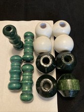 Lot of 12 Vintage Wood Macrame Large Painted Beads Green  White BOHO