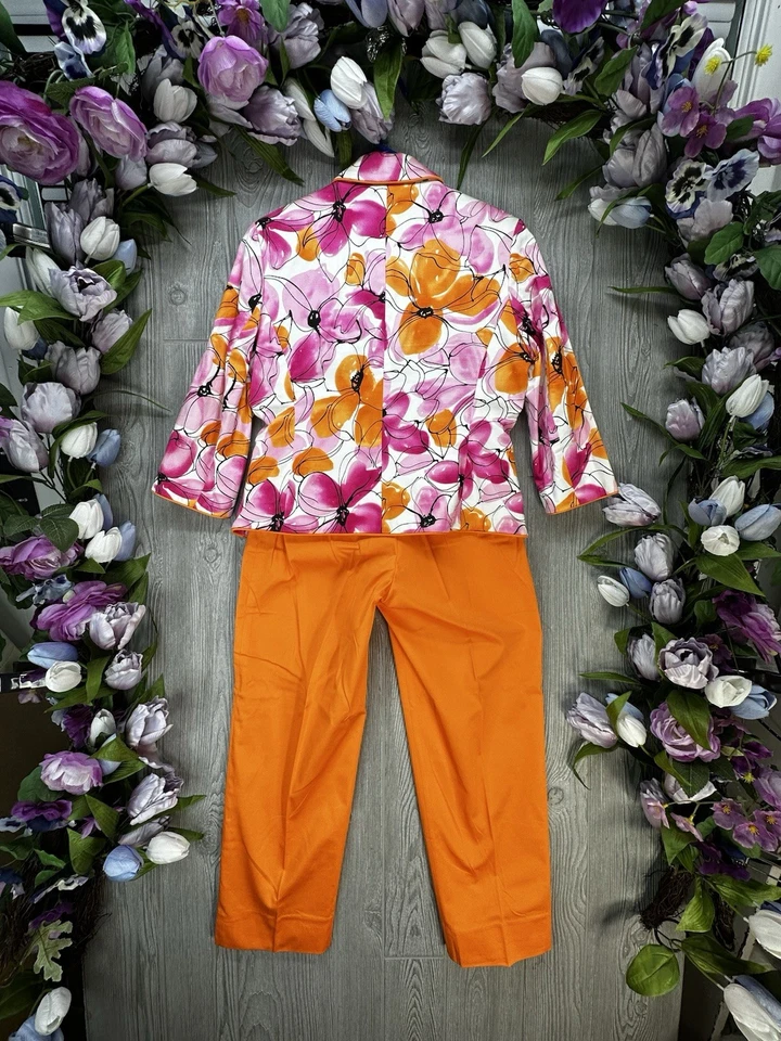 CHADWICKS 2 Piezas Pantalón Traje Chaqueta Blazer 4P Naranja Preppy Mujeres Flores Foto 2 de 4